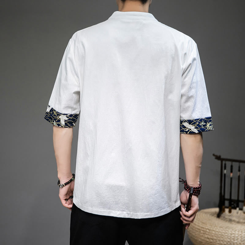 Buddha Stones Frog-Button Chinese Tang Suit Half Sleeve Crane Shirt Jacket Linen Men Clothing - image 2