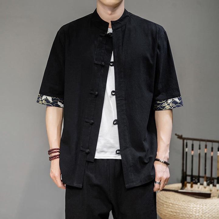 Buddha Stones Frog-Button Chinese Tang Suit Half Sleeve Crane Shirt Jacket Linen Men Clothing - image 6