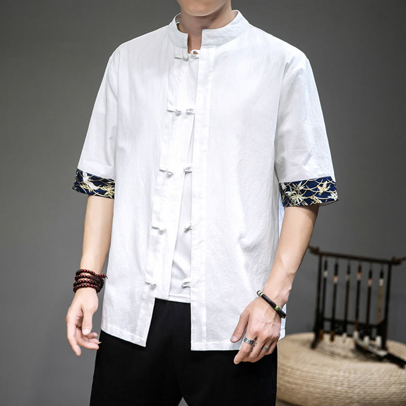 Buddha Stones Frog-Button Chinese Tang Suit Half Sleeve Crane Shirt Jacket Linen Men Clothing - White - US/UK/AU46，EU56 (5XL) - image 1