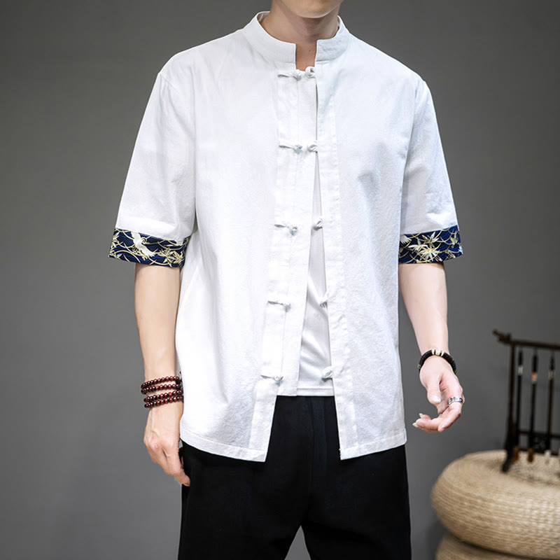 Buddha Stones Frog-Button Chinese Tang Suit Half Sleeve Crane Shirt Jacket Linen Men Clothing - image 3