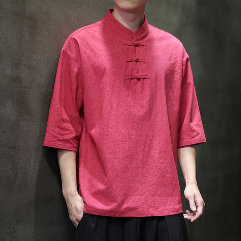 Buddha Stones Men's Chinese Frog-Button Tang Suit Half Sleeve Cotton Linen Shirt - Salmon - US/UK/AU46，EU56 (5XL)  - image 12