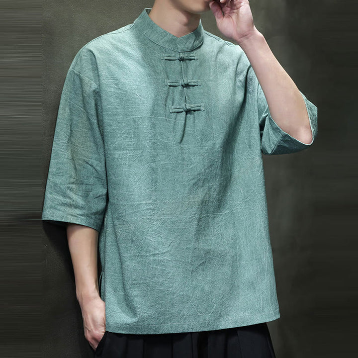 Buddha Stones Men's Chinese Frog-Button Tang Suit Half Sleeve Cotton Linen Shirt