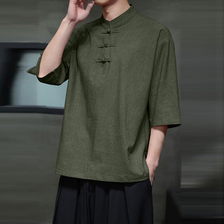 Buddha Stones Men's Chinese Frog-Button Tang Suit Half Sleeve Cotton Linen Shirt - image 2