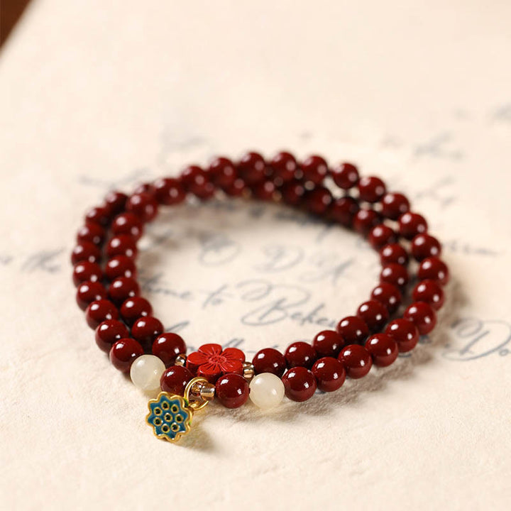 Buddha Stones Cinnabar Lotus Charm Double Wrap Blessing Bracelet