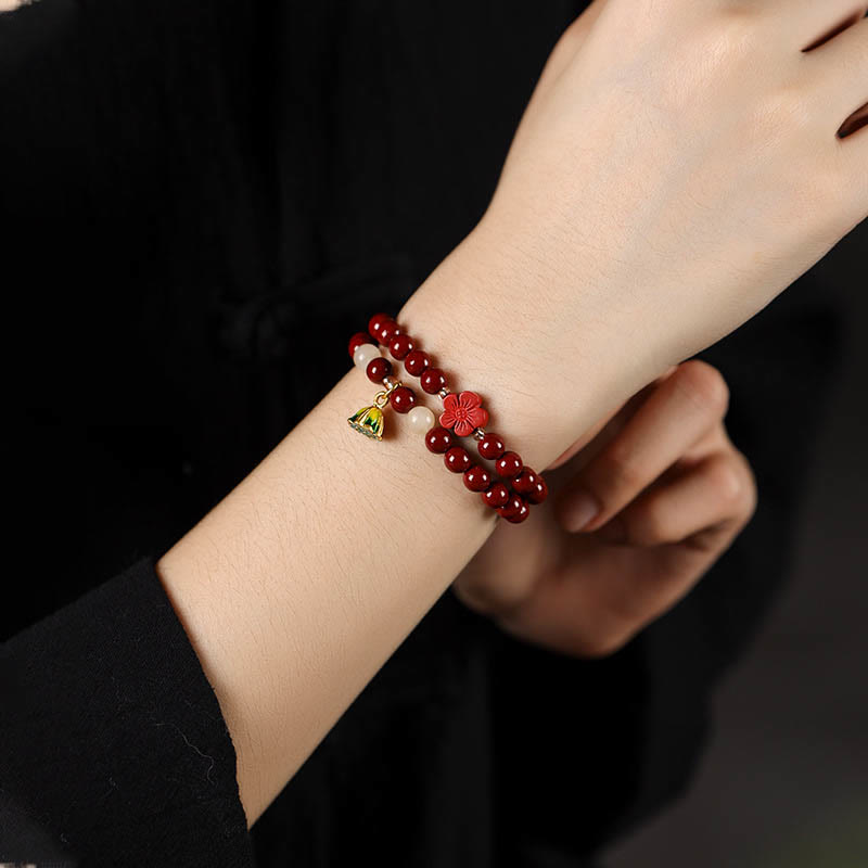 Buddha Stones Cinnabar Lotus Charm Double Wrap Blessing Bracelet