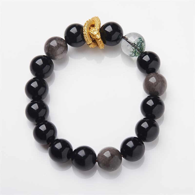 Buddha Stones Natural Silver Sheen Obsidian Dragon Green Phantom Protection Bracelet