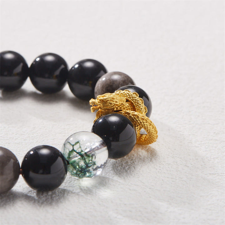 Buddha Stones Natural Silver Sheen Obsidian Dragon Green Phantom Protection Bracelet