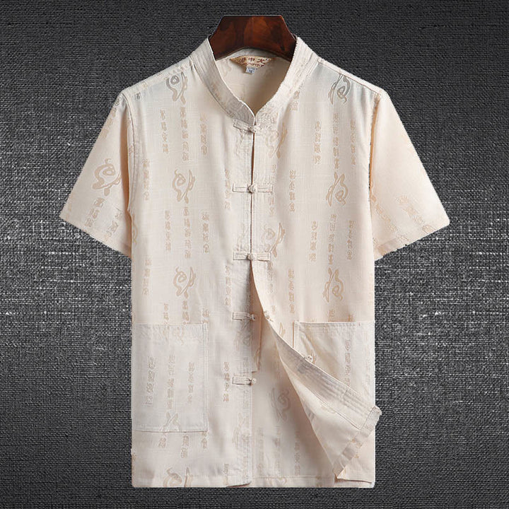 Buddha Stones Frog-Button Fu Character Dragon Bamboo Leaf Chinese Tang Suit Short Sleeve Shirt Linen With Pockets - LightYellow - Fu Character - US/UK/AU46，EU56 (4XL)  - image 0