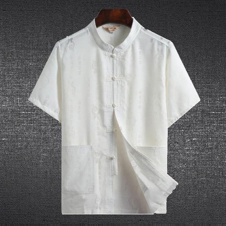 Buddha Stones Frog-Button Fu Character Dragon Bamboo Leaf Chinese Tang Suit Short Sleeve Shirt Linen With Pockets