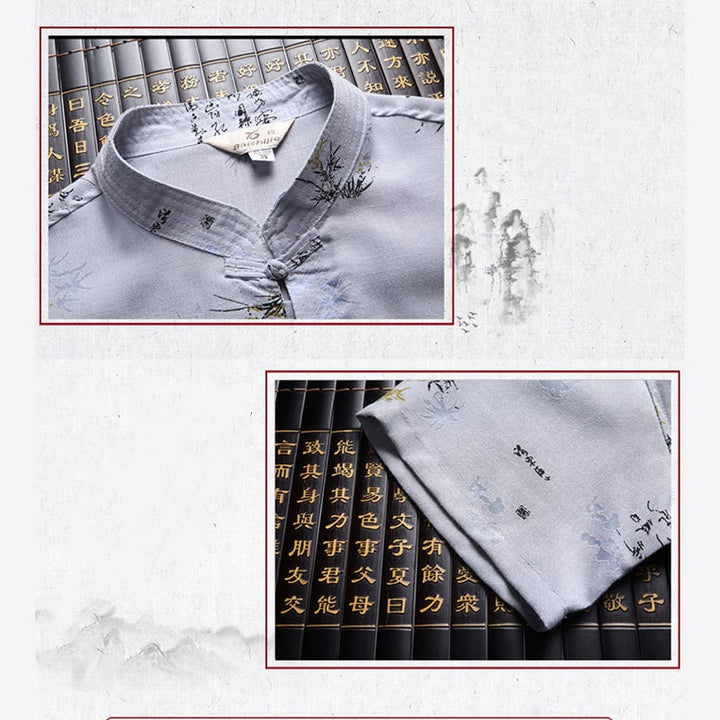 Buddha Stones Frog-Button Fu Character Dragon Bamboo Leaf Chinese Tang Suit Short Sleeve Shirt Linen With Pockets - image 11