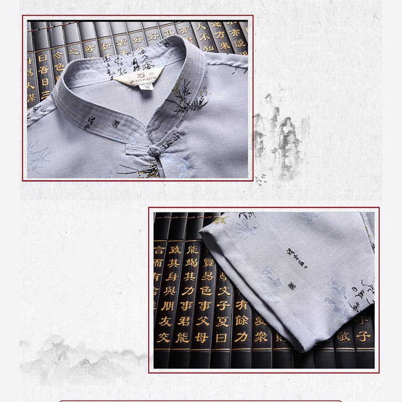 Buddha Stones Frog-Button Fu Character Dragon Bamboo Leaf Chinese Tang Suit Short Sleeve Shirt Linen With Pockets - image 11