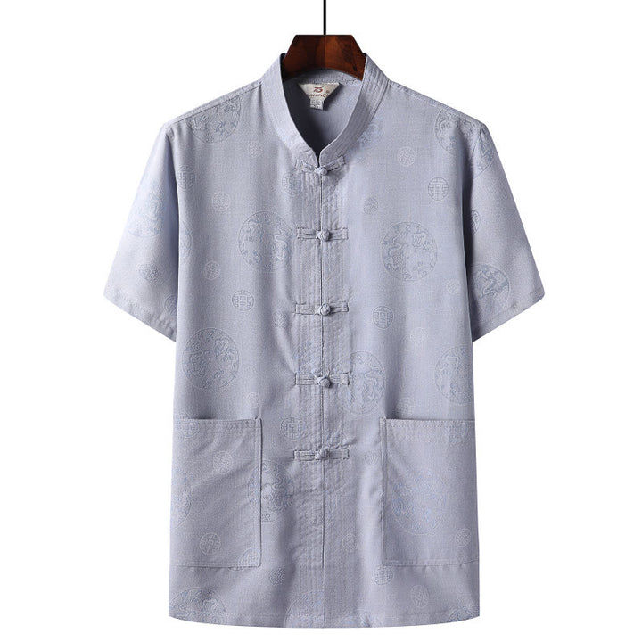 Buddha Stones Frog-Button Fu Character Dragon Bamboo Leaf Chinese Tang Suit Short Sleeve Shirt Linen With Pockets