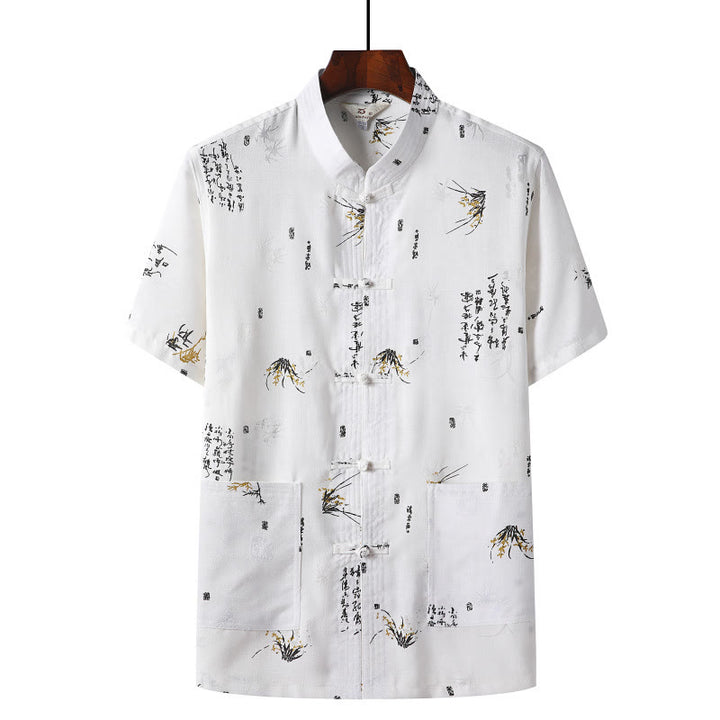 Buddha Stones Frog-Button Fu Character Dragon Bamboo Leaf Chinese Tang Suit Short Sleeve Shirt Linen With Pockets