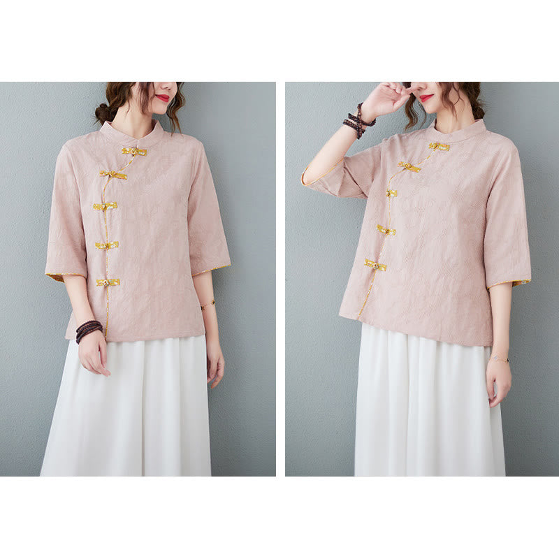 Buddha Stones Floral Pattern Frog-Button Half Sleeve Cotton Linen Shirt - image 2