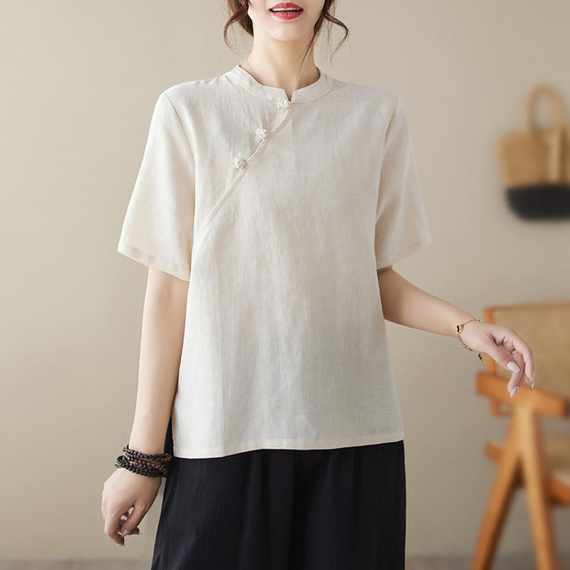 Buddha Stones Solid Color Frog-Button Short Sleeve Cotton Linen Shirt