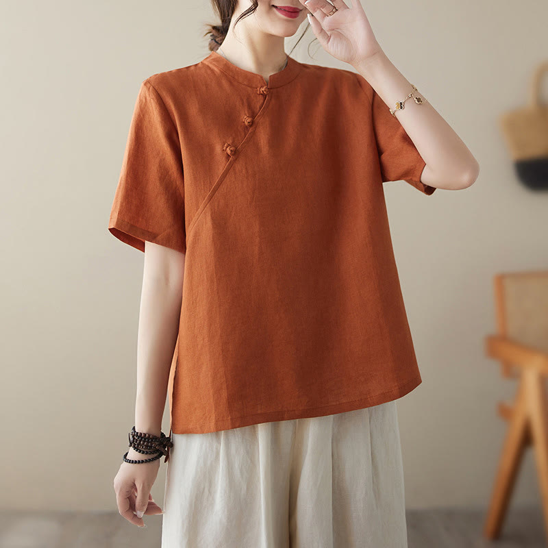 Buddha Stones Solid Color Frog-Button Short Sleeve Cotton Linen Shirt