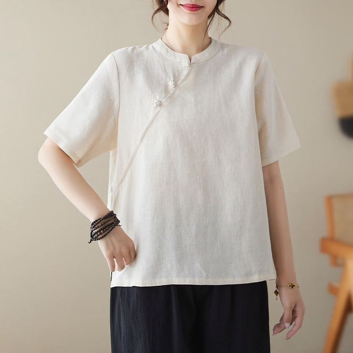 Buddha Stones Solid Color Frog-Button Short Sleeve Cotton Linen Shirt