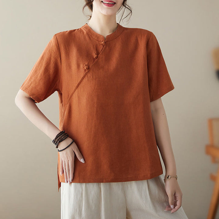 Buddha Stones Solid Color Frog-Button Short Sleeve Cotton Linen Shirt