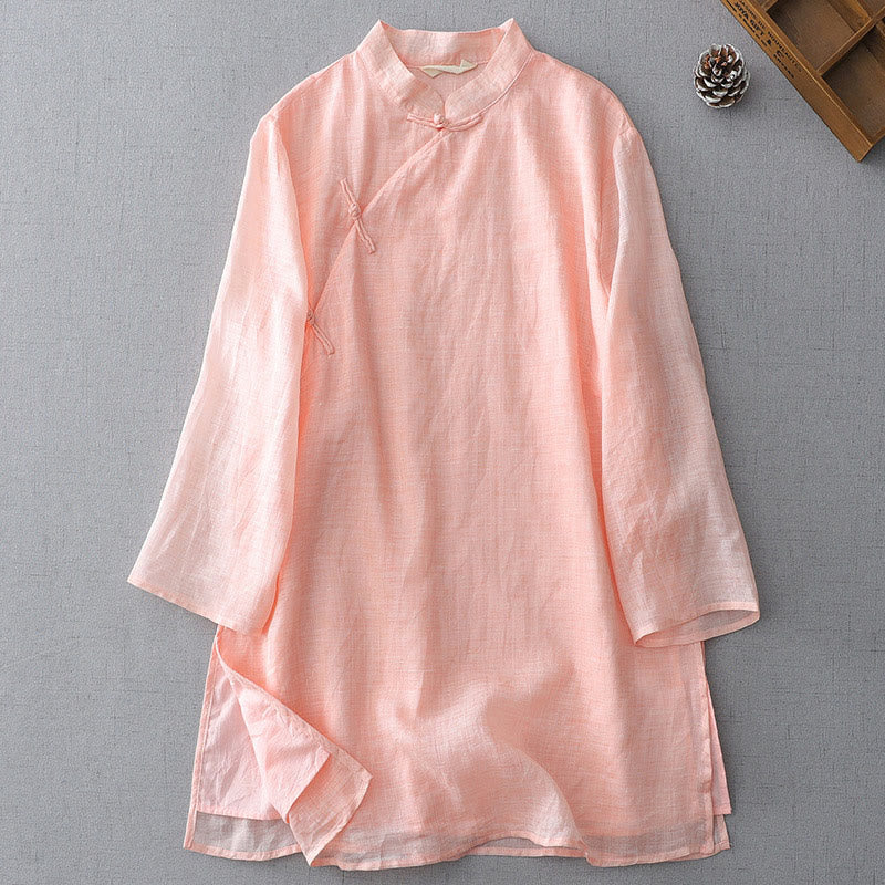 Buddha Stones Solid Color Frog-Button Three Quarter Sleeve Double Layer Cotton Linen Shirt