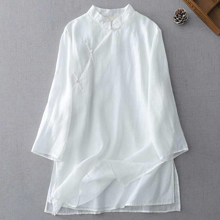 Buddha Stones Solid Color Frog-Button Three Quarter Sleeve Double Layer Cotton Linen Shirt