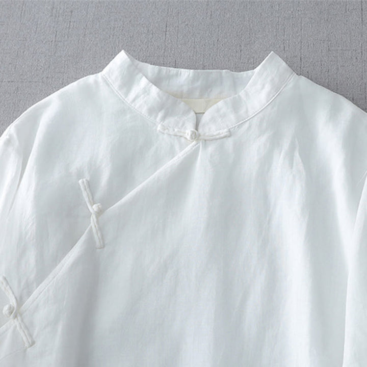 Buddha Stones Solid Color Frog-Button Three Quarter Sleeve Double Layer Cotton Linen Shirt - image 2