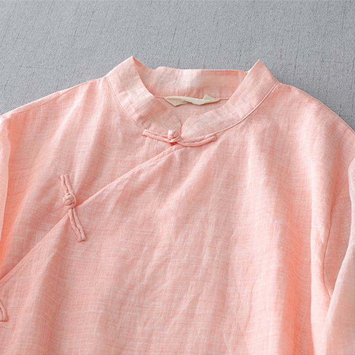 Buddha Stones Solid Color Frog-Button Three Quarter Sleeve Double Layer Cotton Linen Shirt - image 19