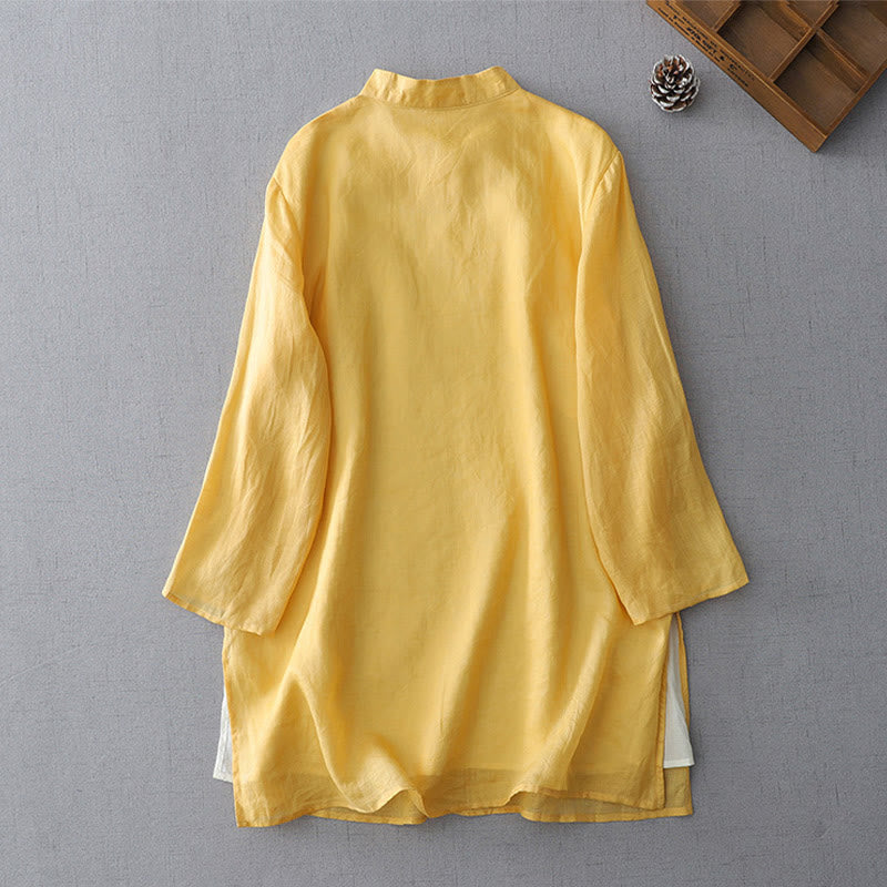 Buddha Stones Solid Color Frog-Button Three Quarter Sleeve Double Layer Cotton Linen Shirt - image 6