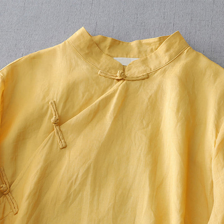 Buddha Stones Solid Color Frog-Button Three Quarter Sleeve Double Layer Cotton Linen Shirt - image 7