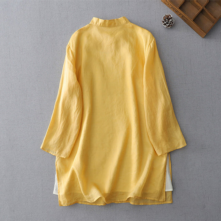 Buddha Stones Solid Color Frog-Button Three Quarter Sleeve Double Layer Cotton Linen Shirt - image 7
