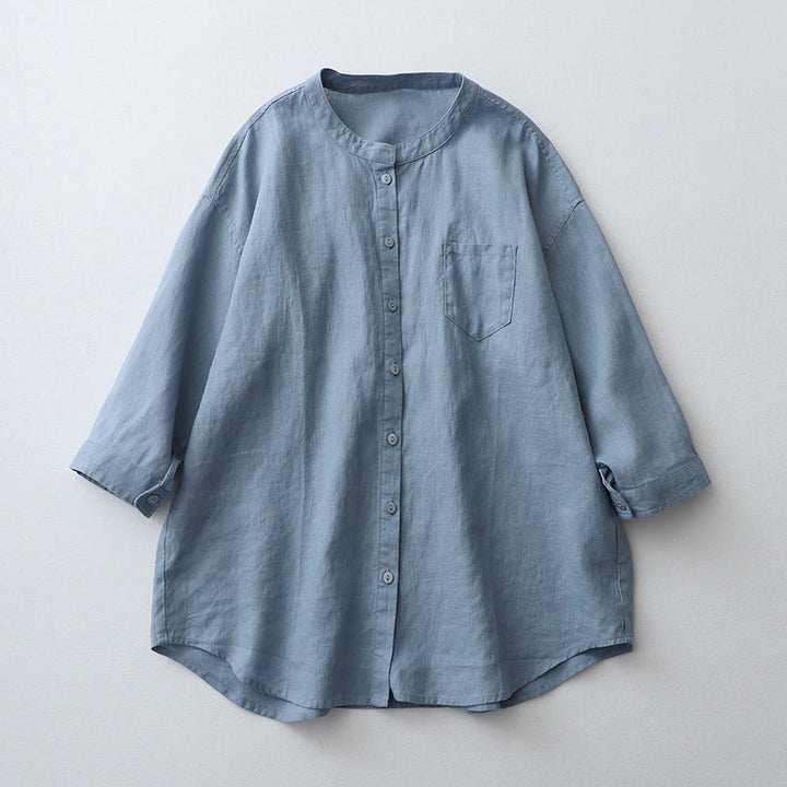 Buddha Stones Solid Color Button Three Quarter Sleeve Cotton Linen Shirt