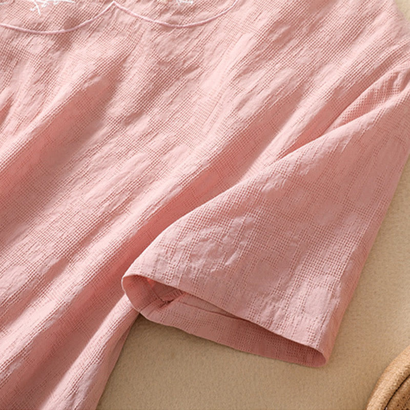 Buddha Stones Plum Blossom Embroidery Frog-Button Short Sleeve Cotton Linen Shirt - image 8