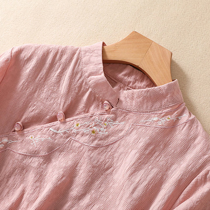 Buddha Stones Plum Blossom Embroidery Frog-Button Short Sleeve Cotton Linen Shirt - image 2