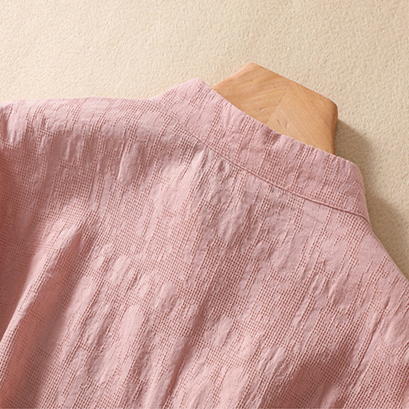 Buddha Stones Plum Blossom Embroidery Frog-Button Short Sleeve Cotton Linen Shirt - image 4