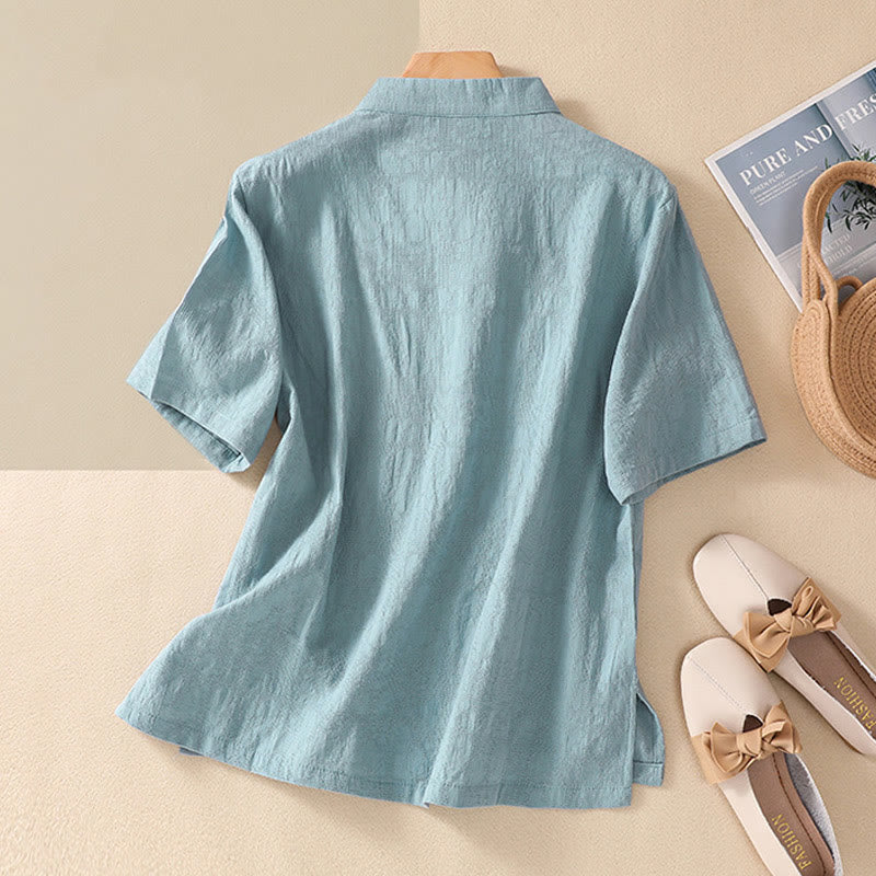 Buddha Stones Plum Blossom Embroidery Frog-Button Short Sleeve Cotton Linen Shirt - image 19