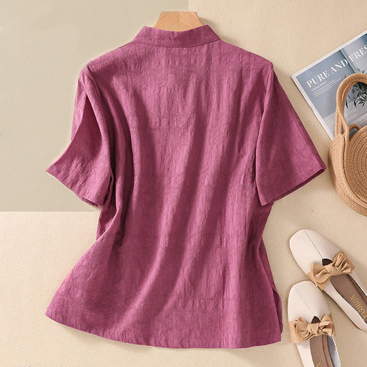 Buddha Stones Plum Blossom Embroidery Frog-Button Short Sleeve Cotton Linen Shirt - image 34