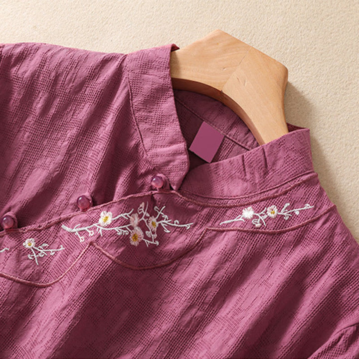 Buddha Stones Plum Blossom Embroidery Frog-Button Short Sleeve Cotton Linen Shirt