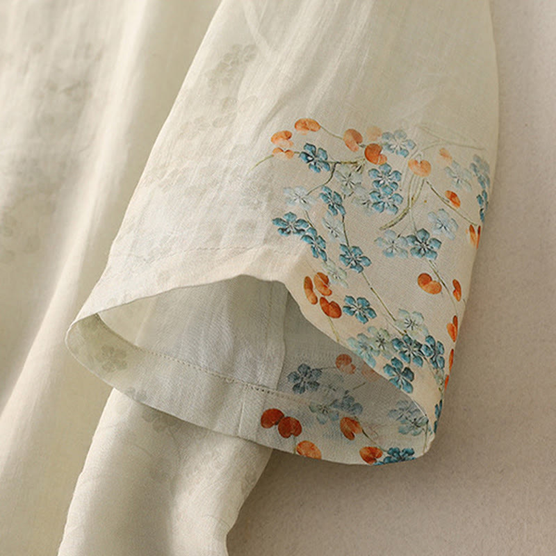 Buddha Stones Blue Flowers Orange Leaves Frog-Button Three Quarter Sleeve Cotton Linen Shirt - image 10