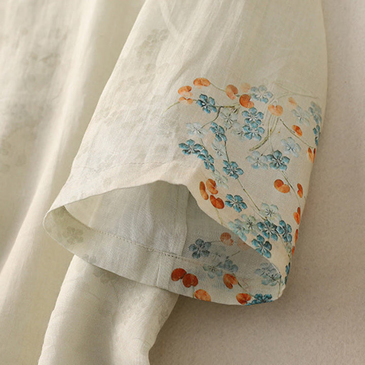 Buddha Stones Blue Flowers Orange Leaves Frog-Button Three Quarter Sleeve Cotton Linen Shirt - image 10