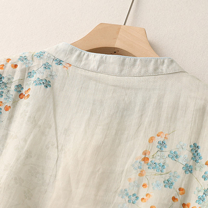 Buddha Stones Blue Flowers Orange Leaves Frog-Button Three Quarter Sleeve Shirt - image 4