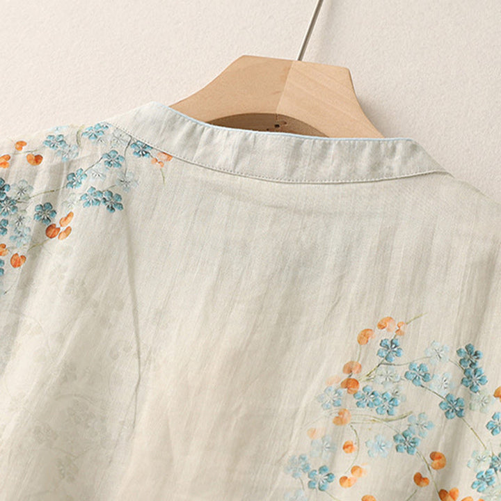 Buddha Stones Blue Flowers Orange Leaves Frog-Button Three Quarter Sleeve Cotton Linen Shirt