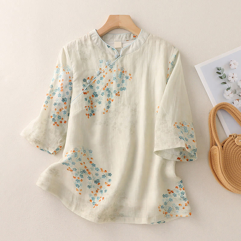 Buddha Stones Blue Flowers Orange Leaves Frog-Button Three Quarter Sleeve Cotton Linen Shirt - US8-10，UK/AU12-14，EU40-42 (2XL) - image 1