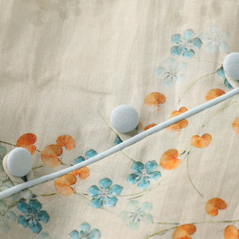 Buddha Stones Blue Flowers Orange Leaves Frog-Button Three Quarter Sleeve Cotton Linen Shirt - image 7