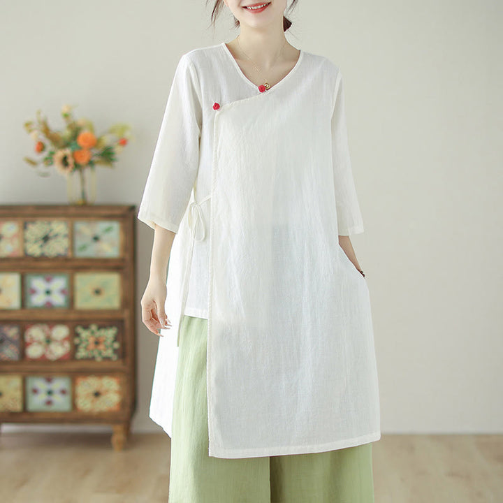 Buddha Stones Buttons Three Quarter Sleeve Lace-up Shirt Wide Leg Pants Meditation Cotton Linen Clothing