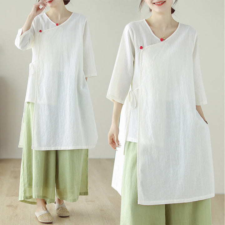 Buddha Stones Buttons Three Quarter Sleeve Lace-up Shirt Wide Leg Pants Meditation Cotton Linen Clothing