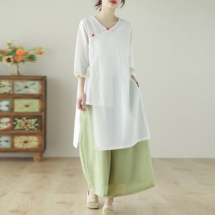 Buddha Stones Buttons Three Quarter Sleeve Lace-up Shirt Wide Leg Pants Meditation Cotton Linen Clothing