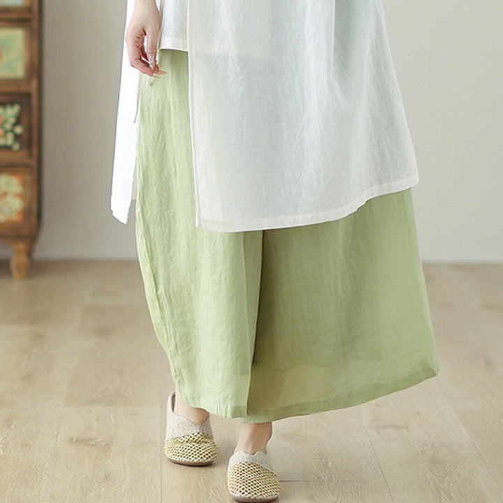 Buddha Stones Buttons Three Quarter Sleeve Lace-up Shirt Wide Leg Pants Meditation Cotton Linen Clothing