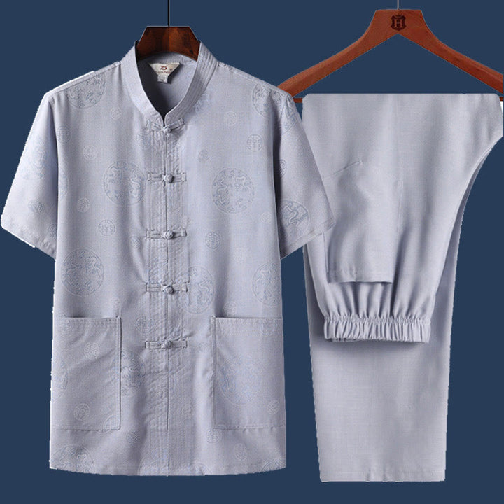 Buddha Stones 2Pcs Frog-Button Fu Character Dragon Bamboo Leaf Short Sleeve Shirt Pants Men's Set - LightBlue - Dragon - US/UK/AU46，EU56 (4XL) - image 3