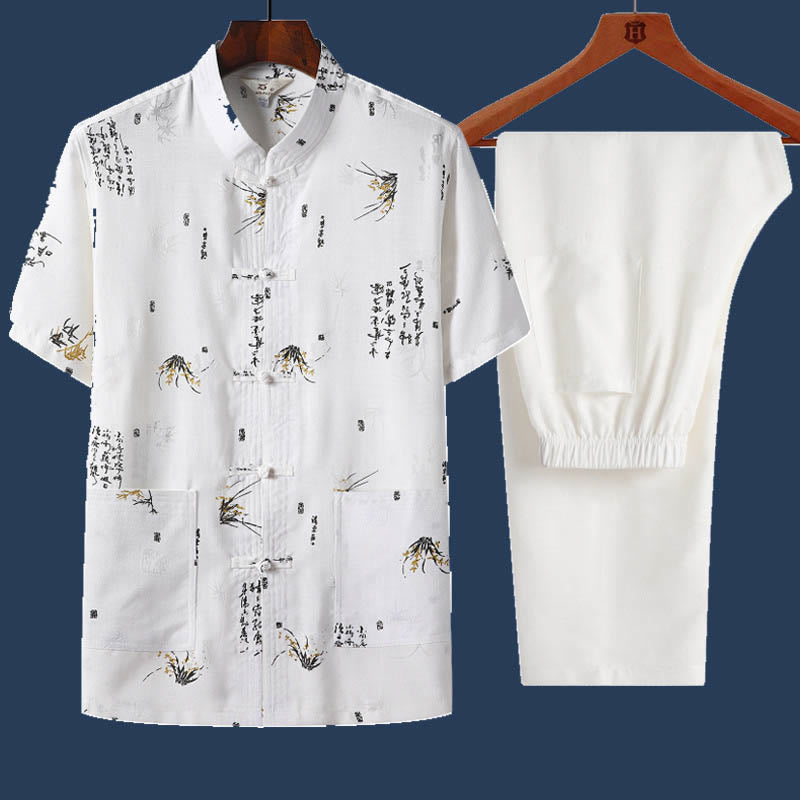 Buddha Stones 2Pcs Frog-Button Fu Character Dragon Bamboo Leaf Short Sleeve Shirt Pants Men's Set - White - Bamboo Leaf - US/UK/AU46，EU56 (4XL) - image 12