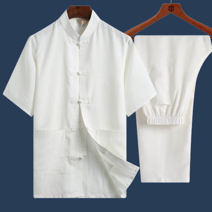 Buddha Stones 2Pcs Frog-Button Fu Character Dragon Bamboo Leaf Short Sleeve Shirt Pants Men's Set - White - Solid Color - US/UK/AU46，EU56 (4XL) - image 15