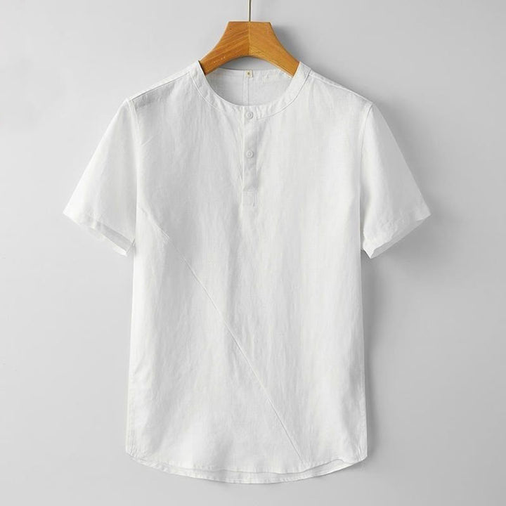 Buddha Stones Summer Men's Solid Color Button Short Sleeve Cotton Linen Shirt